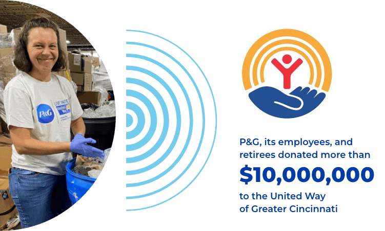 A woman in a warehouse wearing a P&G and United Way t-shirt smiles