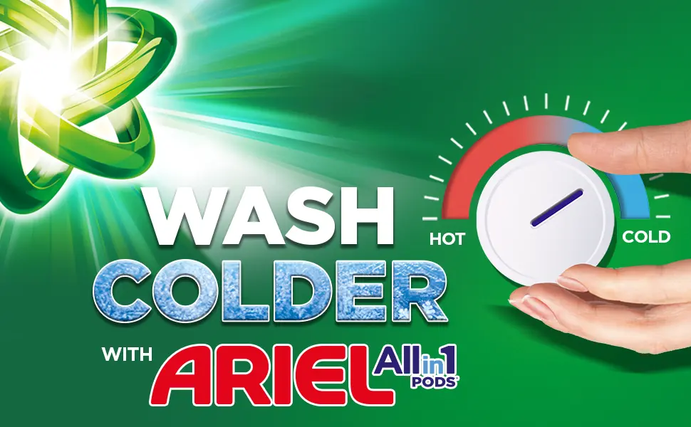 A green ad with the Ariel logo that says “Wash colder with Ariel All in 1 Pods.” On the side of the ad opposite the logo, a hand is turning a dial toward the “cold” indicator.
