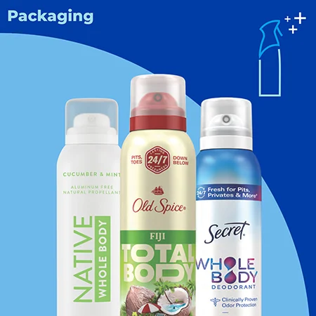 Three packages of deodorant sprays from Native, Old Spice and Secret in front of a blue background with the word Packaging in the top left corner.