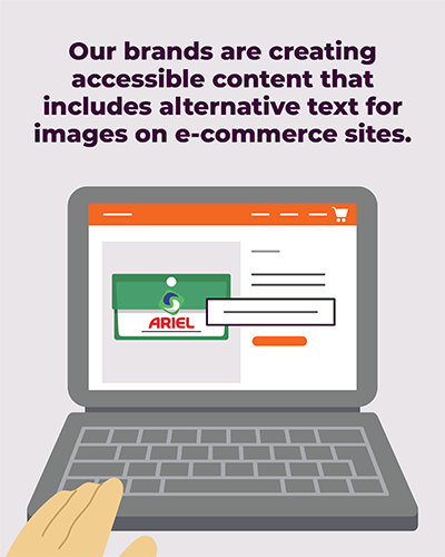 The headline reads: "Our brands are creating accessible content with alternative text for images on e-commerce sites." Below, an illustration shows a laptop with a hand navigating the browser window, displaying an alt text pop-up.