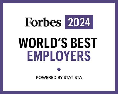 Black, purple and white text say “Forbes 2024 world’s best employers. Powered by Statista.” A purple line frames the image.