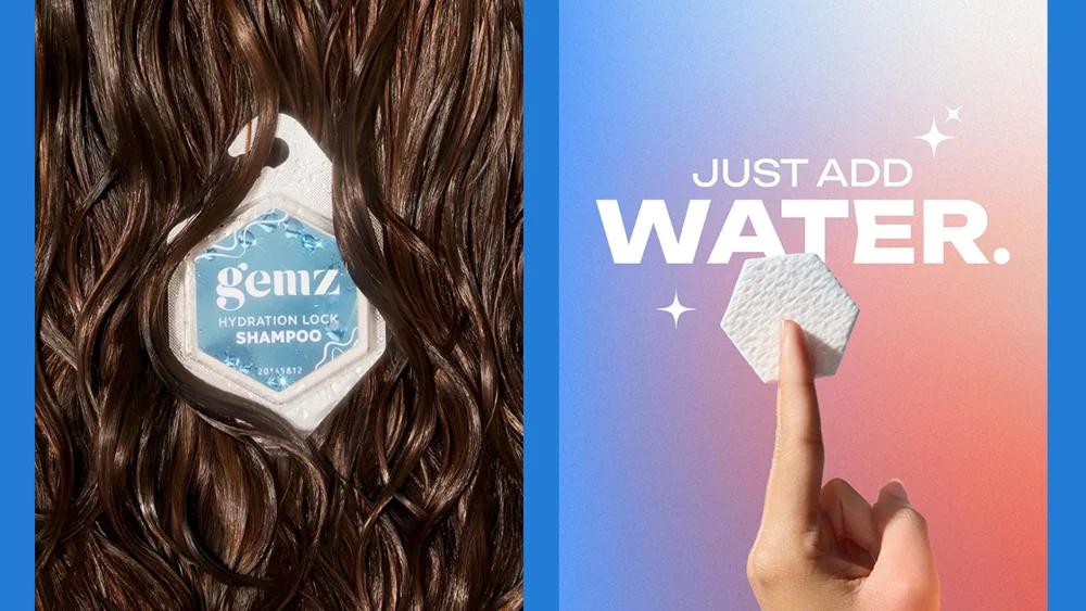 A split image shows a "Gemz Hydration Lock Shampoo" pod nestled in wavy brown hair on the left, and on the right, a hand holding a white tablet with the text "JUST ADD WATER." 