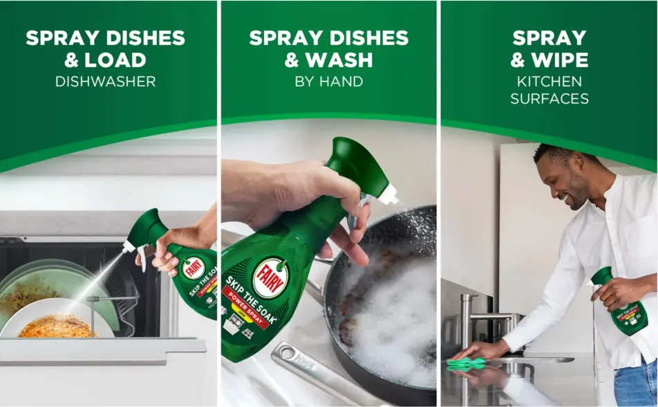 Three images side by side. A hand sprays dishes before loading it into a dishwasher. A hand sprays dish soap on a baked-on pan. The third shows a man wiping a kitchen counter.