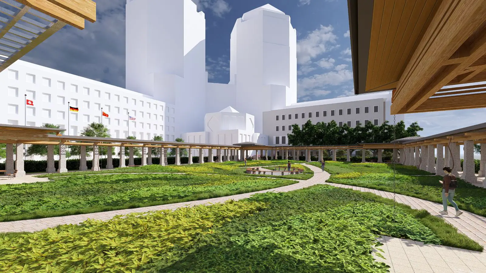 Modern landscape design featuring greenery, pathways, and architecture under a cloudy sky in an urban setting