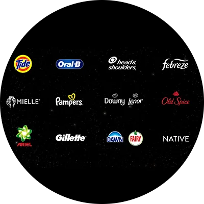 Twelve various P&G brand logos are organized across three rows. A black background with a star-like pattern.