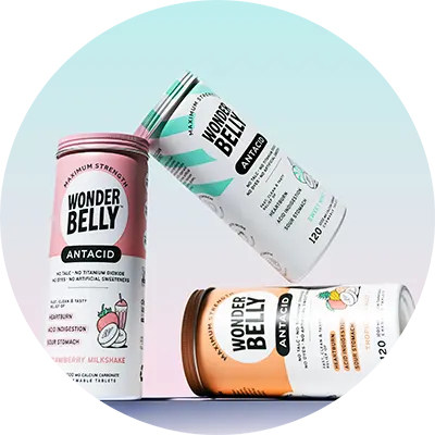 Three canisters of Wonderbelly brand antacid