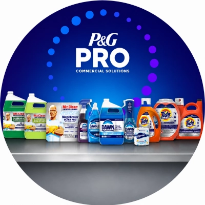 A line up of various commercial cleaning supplies, including floor cleaners, scour pads, dish detergents, and laundry detergents, are arranged on a white shelf.