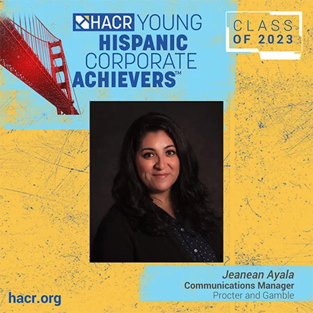 A headshot of a Hispanic female with long dark hair is centered in a blue and yellow illustrated graphic for the HACR Young Hispanic Corporate Achievers program class of 2023.
