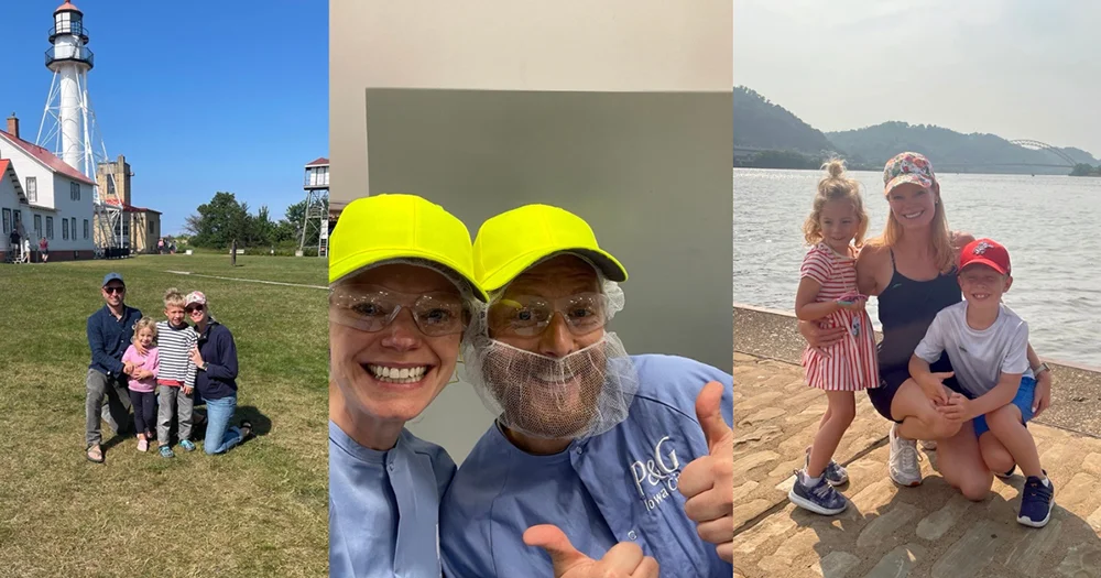 Three images: a family of four by a lighthouse; two people in yellow caps and P&G scrubs giving thumbs up; and a woman with two children by a body of water.