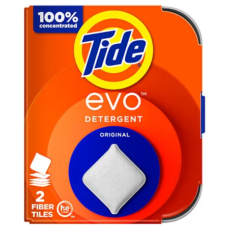An orange rectangle package. The blue, yellow and orange Tide logo at the top. And a white fibrous tile in a blue circle is centered on the bottom.