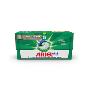 A picture of Ariel's new Ecoclic Box. The box is green and white and shows a large laundry pod in the middle. The packaging encourages users to cut plastic and wash clothes with cold water.