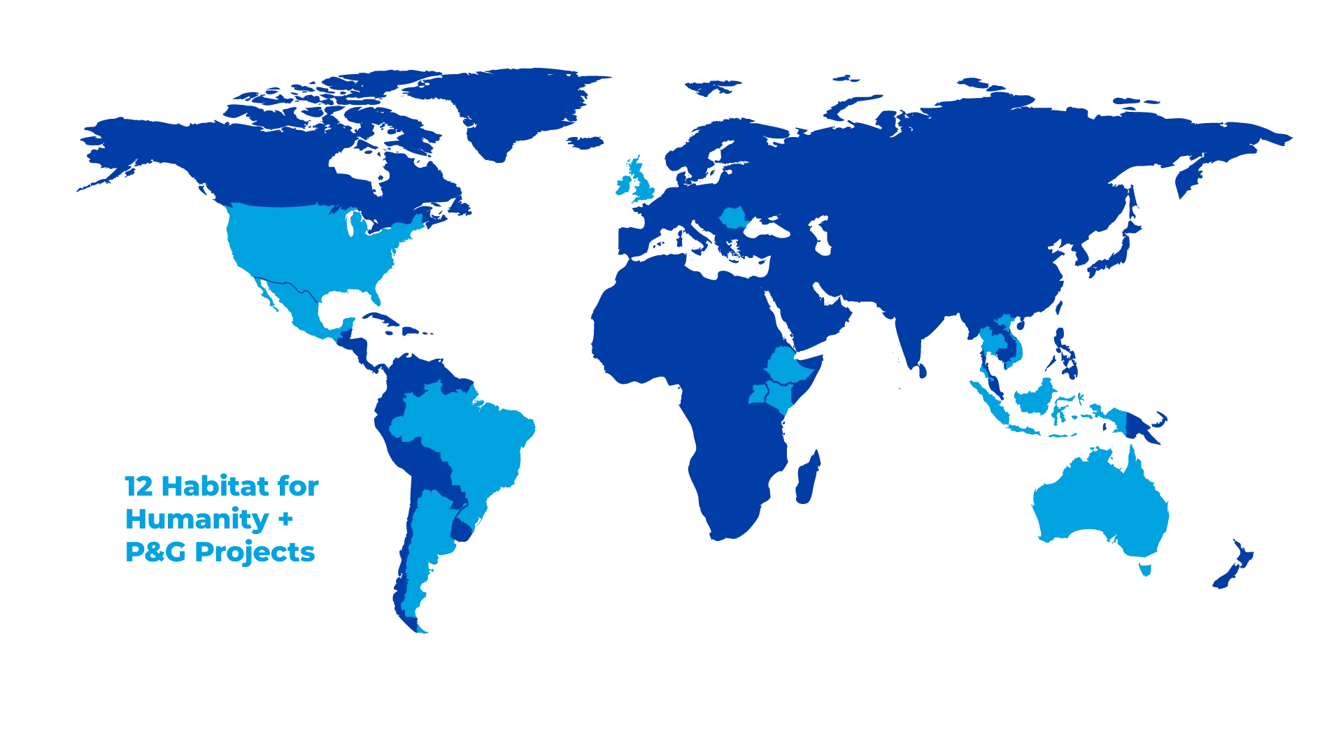 A map of the world with the text ’12 Habitats for Humanity and P&G Projects’. 