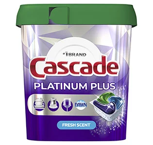 A green and purple square-shaped plastic container. The red Cascade logo is on the label, along with a multi-colored dishwasher detergent pod.