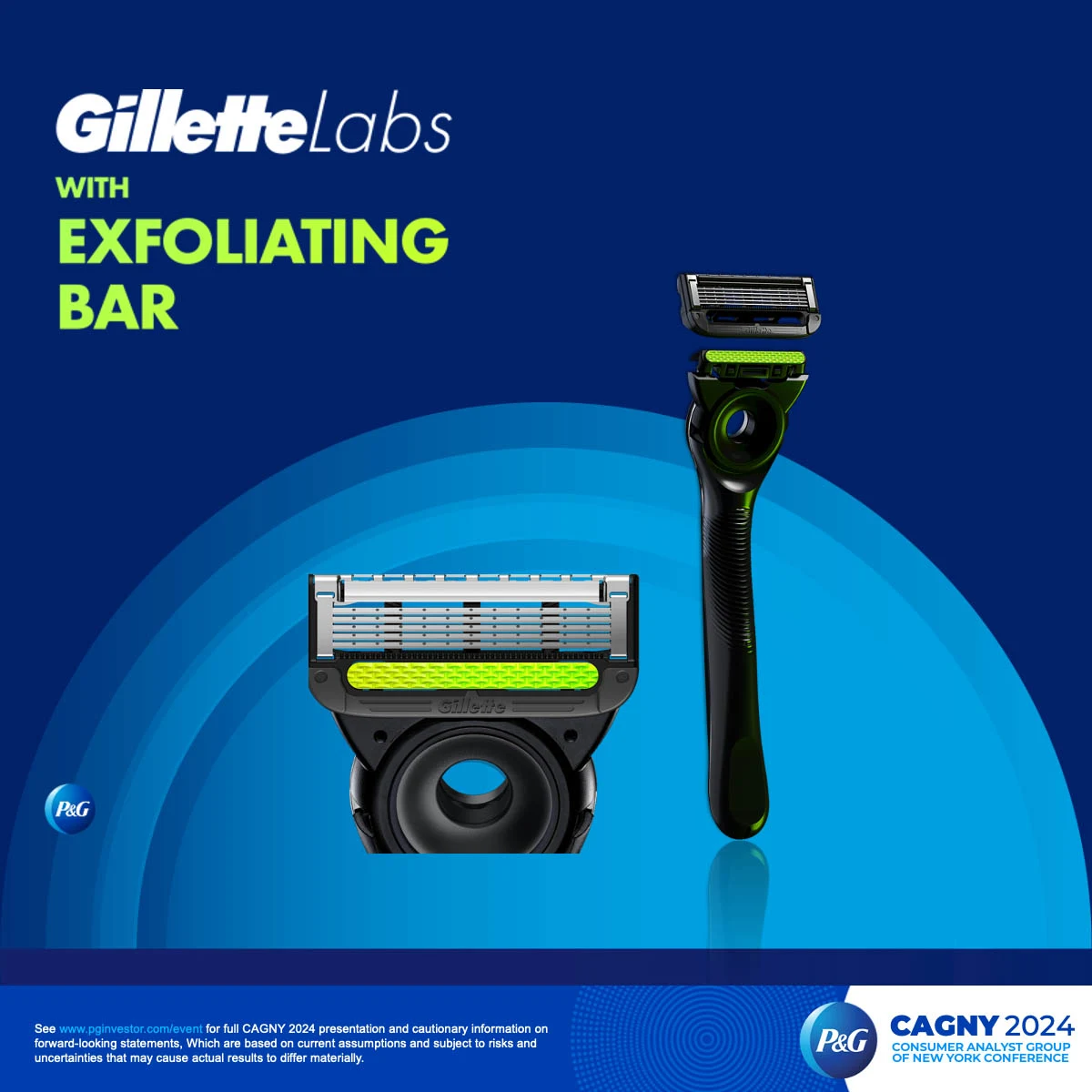 Two images of a black and green Gillette razor. One a close up of the blades with an exfoliating bar. The second a full size image of the entire razor. The white and green text at the top says, "Gillette labs with exfoliating bar."