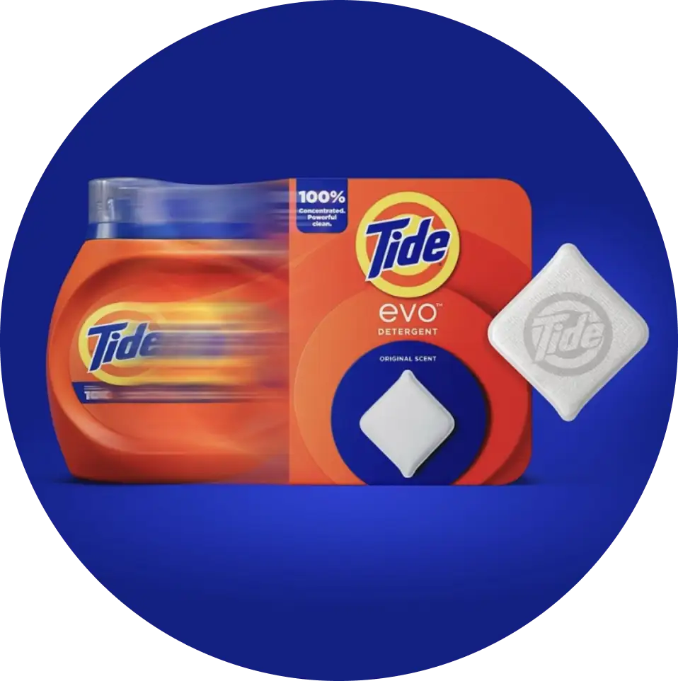 Transition graphic: Tide liquid bottle morphs into a Tide evo box; a Tide evo detergent tile appears alongside.