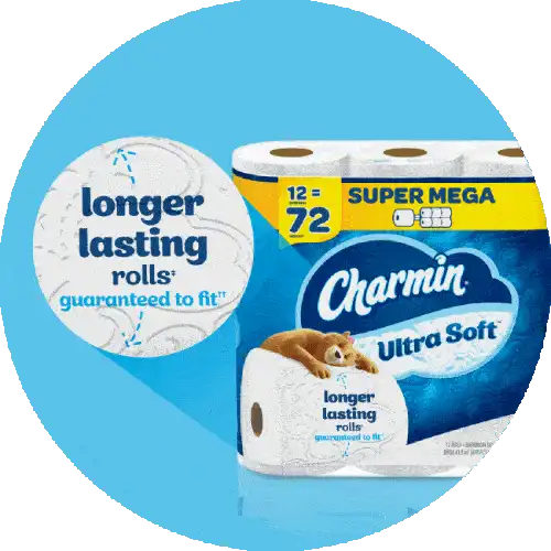 Advertisement for Bounty paper towels with the text “More Absorbent So You Can Use Less” and a package of Charmin toilet tissue with the text “longer lasting rolls”  