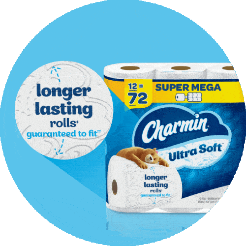 Advertisement for Bounty paper towels with the text “More Absorbent So You Can Use Less” and a package of Charmin toilet tissue with the text “longer lasting rolls”  