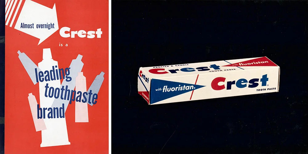 This image shows a split view: a vibrant red and blue vintage advertisement for Crest toothpaste on the left, and a product shot of a Crest toothpaste box on a dark background on the right.