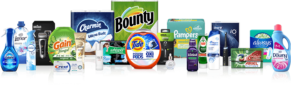 Nearly two dozen different personal and home care products are lined up in a row. They include bottles and packages of various sizes and colors.