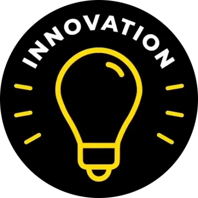 A black circle features a yellow illustration of a light bulb. White font above the light bulb says "innovation."