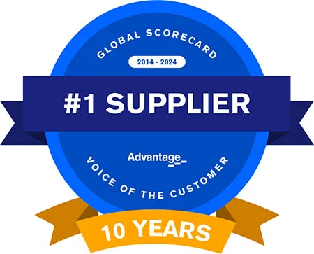  A blue circle with a yellow ribbon beneath it. White text says “Global scorecard 2014-2024. #1 Supplier. Voice of the customer. 10 years.”