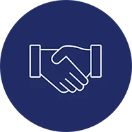 An outline of two hands shaking against a dark blue background. A magenta circle outline surrounds the icon.