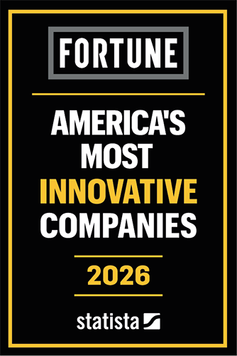 A tall black rectangle with a thin gold frame features white and gold text that says "Fortune America's most innovative companies 2026. Statista."