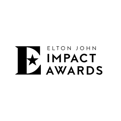 A black and white text logo that says Elton John Impact Awards.