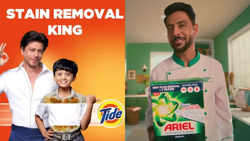 A split image: Left side shows a wide-eyed boy next to a bottle of Tide Matic liquid detergent with the slogan "Tide is SRK Stain Removal King". Right side shows a smiling man in a chef's uniform holding a box of Ariel Platinum Clean detergent.