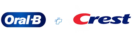 This graphic shows two well-known dental hygiene brand identifiers. One is blue and oval-shaped, the other features a red and blue wordmark with a bright sparkle.