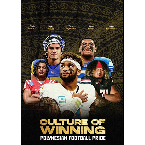 Five young men in football uniforms. A Polynesian graphic pattern in the background. And various text promoting a film called Culture of Winning.