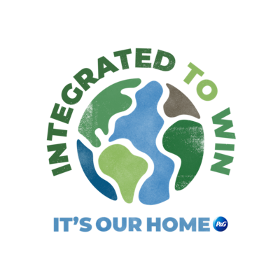 A blue, green and brown illustration of Earth. Colorful text says "Integrated to win. It's our home."
