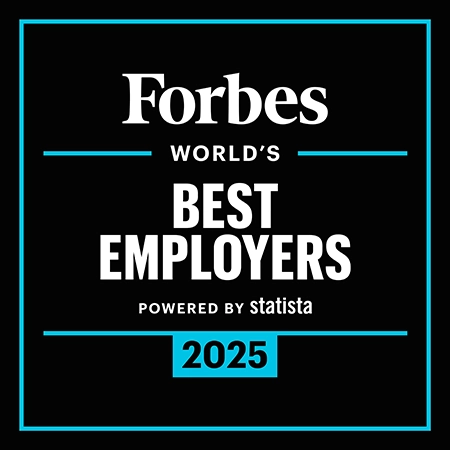 Black, purple and white text say “Forbes 2024 world’s best employers. Powered by Statista.” A purple line frames the image.