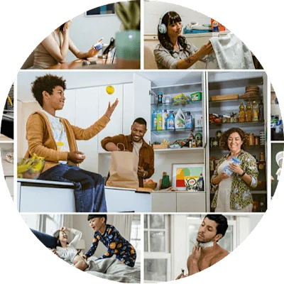 Multiple photos of various people of different ages and ethnicities. They are parents, children and babies at home performing everyday tasks.