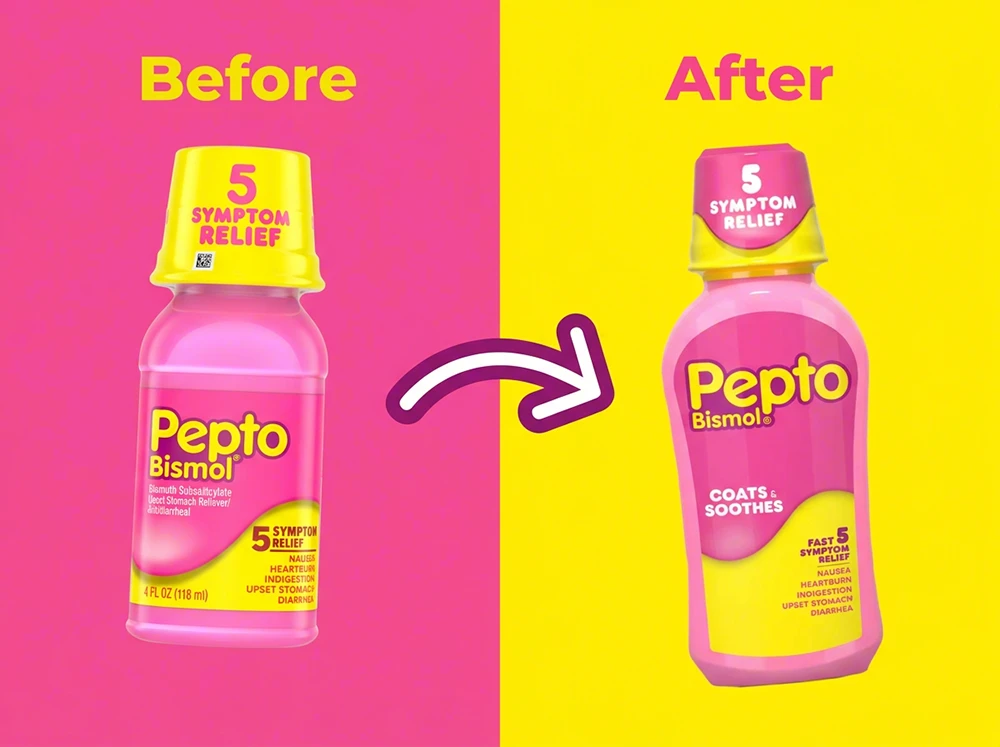 A pink and yellow split image showing the old Pepto-Bismol bottle design on the left with an arrow pointing to the new bottle design on the right.
