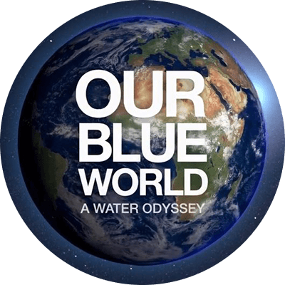 A view of Earth from outer space. White text that is imposed over the planet says "Our blue world. A water odyssey."
