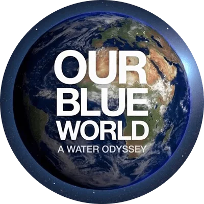 A view of Earth from outer space. White text that is imposed over the planet says "Our blue world. A water odyssey."