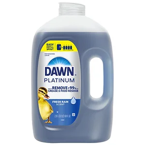 Whitish-clear refill jug of Dawn Platinum dishwashing liquid. The blue and silver label features a duck and a yellow band at the top that indicates this one jug is equivalent to four refilled bottles.