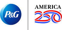 P&G logo next to the "America 250" anniversary logo with red, white, and blue ribbon