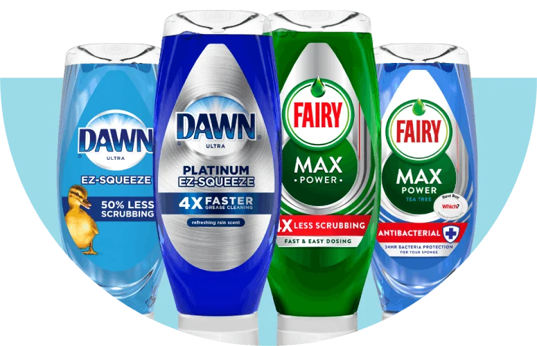 Two bottles each of Dawn and Fairy liquid dish soap