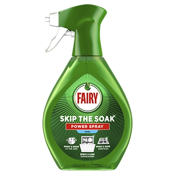A green, ergonomically shaped bottle of Fairy Skip the Soak Power Spray.
