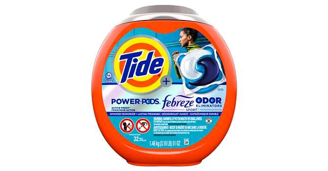 A large round and orange plastic container features the blue, yellow and orange Tide logo on the label. The label also features an enlarged image of a detergent pod with blue and white liquids, plus a black woman running in a green sweater.