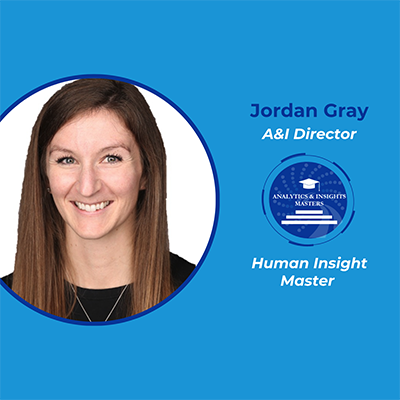 Jordan Gray smiles at the camera wearing a black blouse and necklace. To her right is the A&I Masters logo along with her name and title as A&I Director; Human Insight Master.