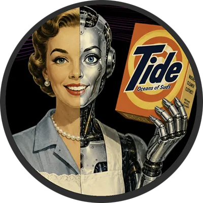 A retro-style woman is half-robot, holding a box of detergent. Text says "Robots Can't Build Brands," emphasizing human creativity.
