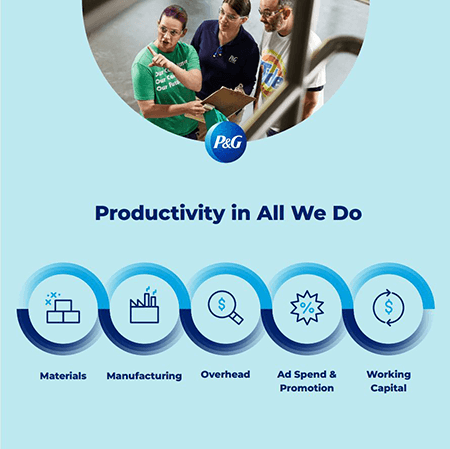 Headline Productivity in All We Do with 5 circles below, each containing illustrated icons highlighting different areas of the company: materials, manufacturing, overhead, ad spend and promotion, and working capital.