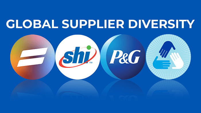 Four circles including the logos for SHI technology company, Procter & Gamble, P&G’s equality and inclusion logo, and a cooperation logo.