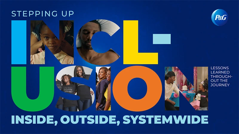 Large block letters are set against a dark blue backdrop. They feature the word Inclusion, and images of black men and women are cut into several of the letters.