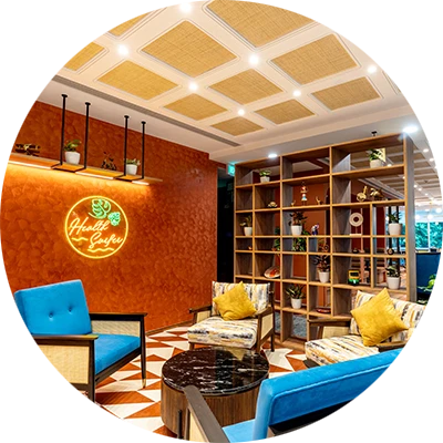 A brightly colored office space with a wide orange colored wall, large bookshelf and numerous chairs arranged in a circle.