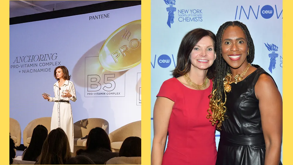 Two images show: a woman giving a presentation about Pantene products on the left, and two women smiling at a cosmetic industry event on the right