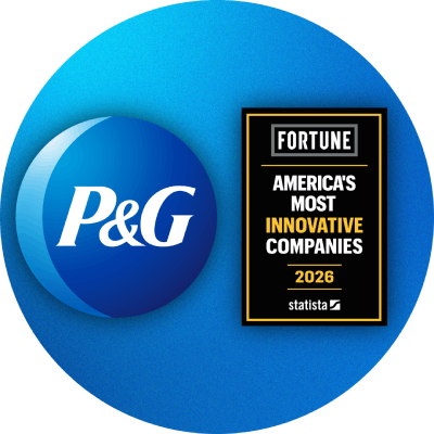 Blue circle with P&G logo and a black badge honoring "America's Most Innovative Companies 2026.